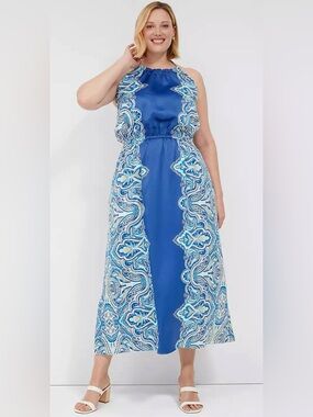 NWT Lane Bryant Satin Halter-Neck Sleeveless Sapphire Blue Paisley Maxi Dress 20